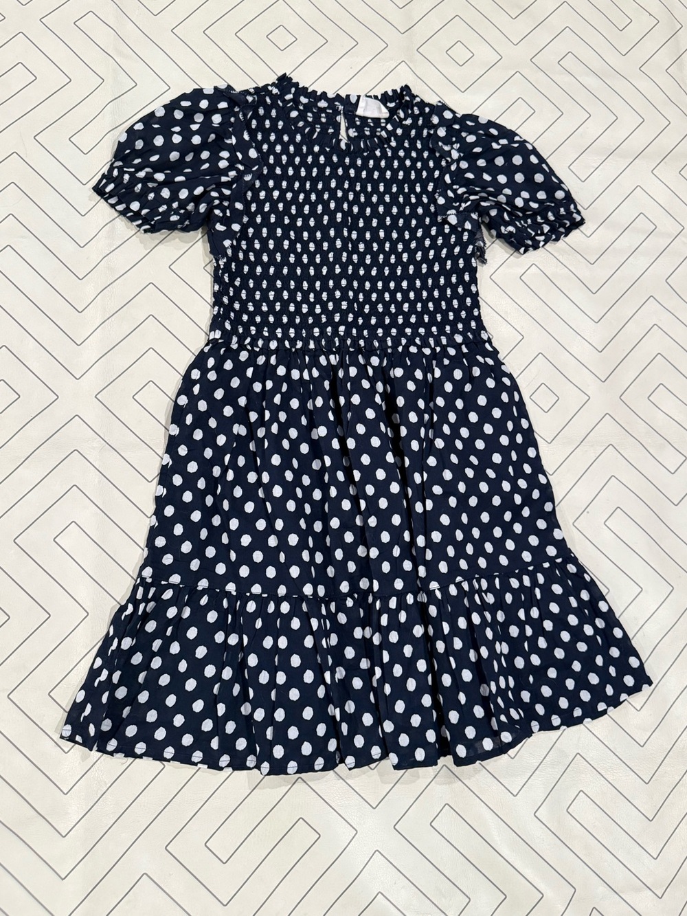 Crewcuts Navy and White Polka Dot Puff Sleeve Smocked Chest Dress
